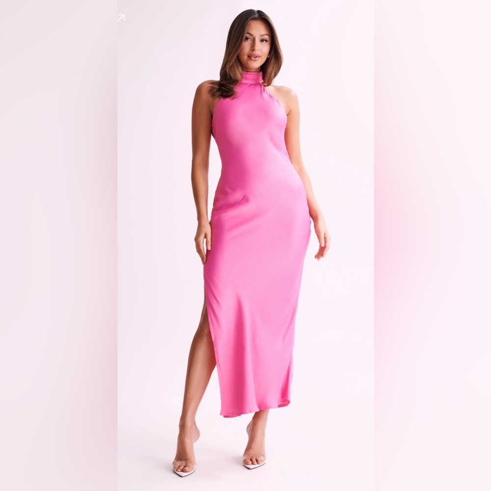 Meshki Claire Satin Drape Back Maxi Dress with Slit- Pink